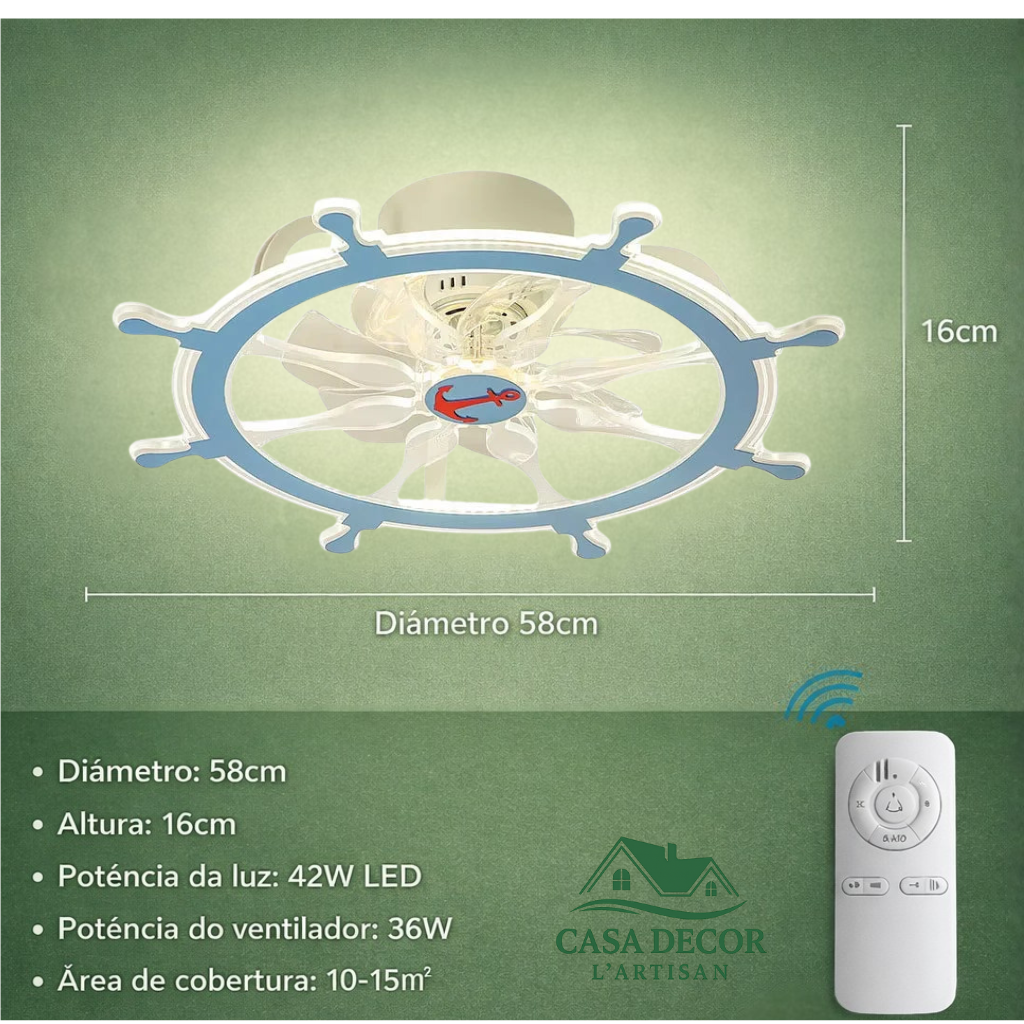 Ventilador de Teto com Luminária – Design Náutico em Formato de Leme