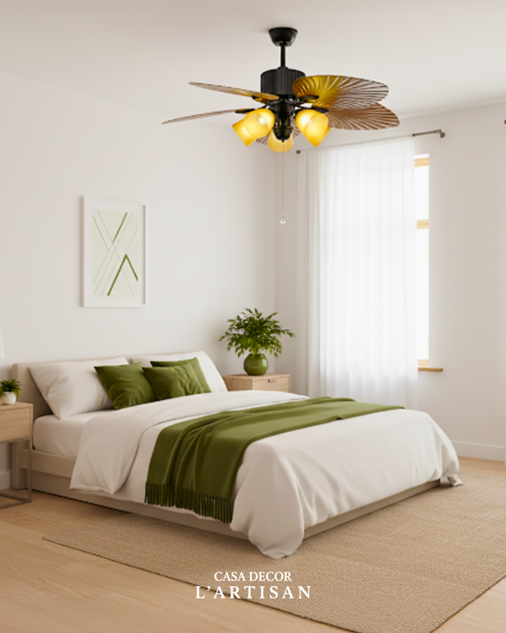 Ventilador de Teto com Luminária de Vidro e Pás em Estilo Folha