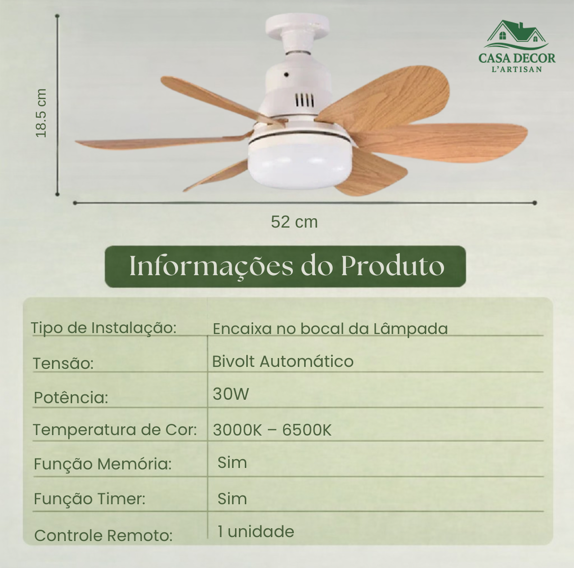 Ventilador de Teto com Luminária LED e Controle Remoto