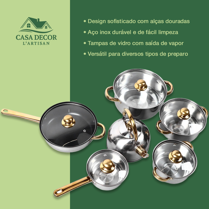 Conjunto de Panelas em Aço Inox com Alças Douradas