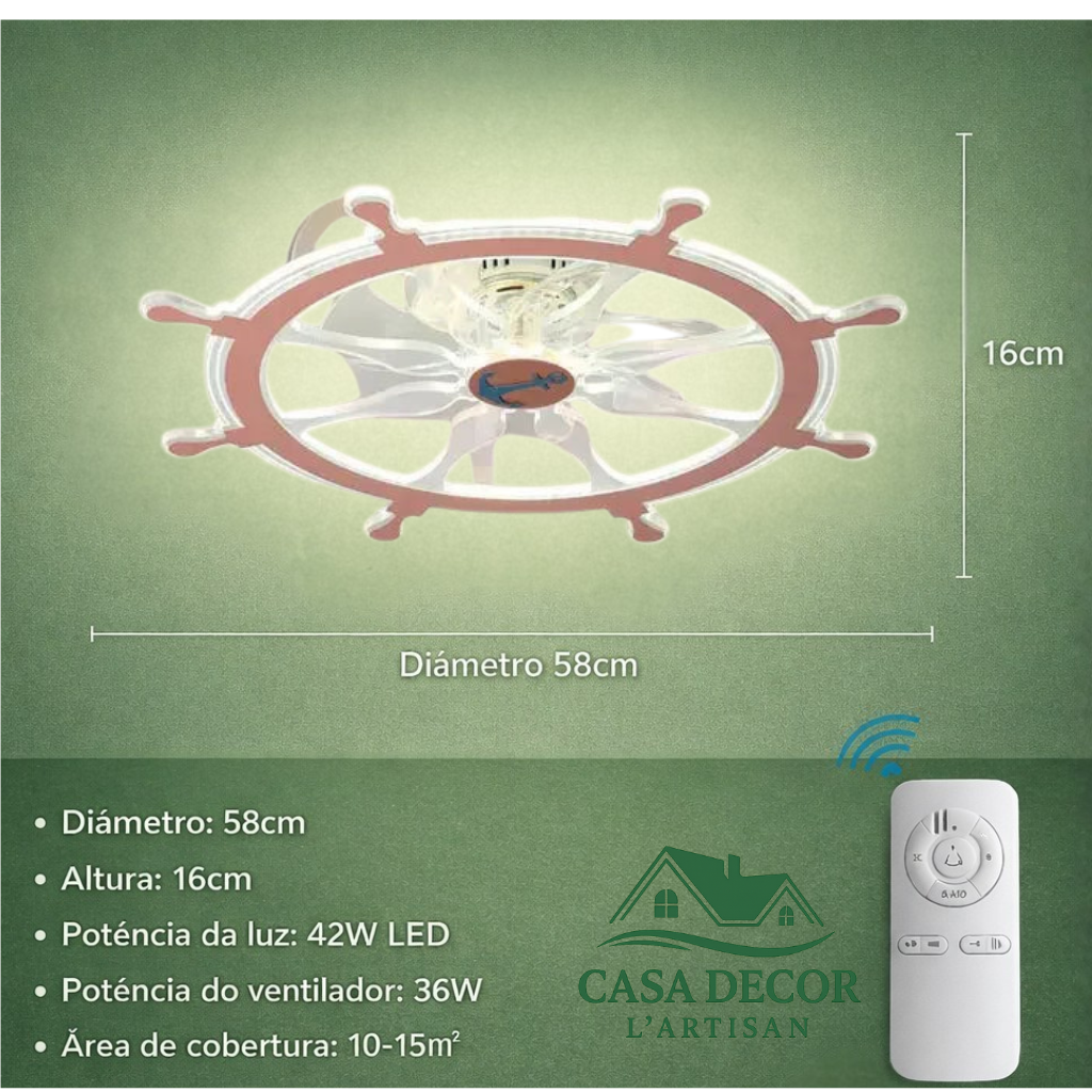 Ventilador de Teto com Luminária – Design Náutico em Formato de Leme