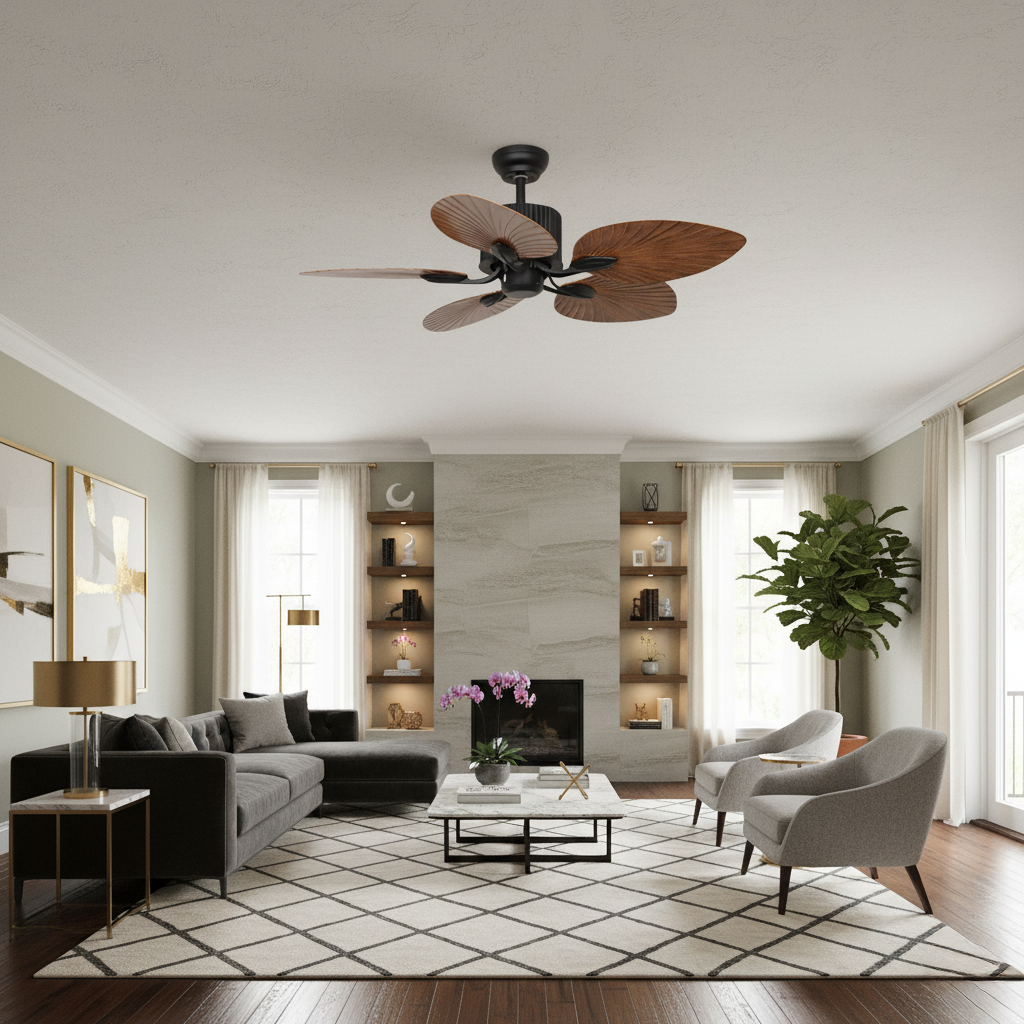 Ventilador de Teto Retrô com Pás de Madeira e Luminária Integrada