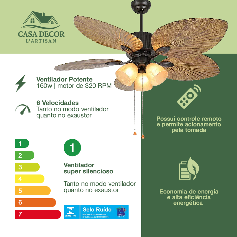 Ventilador de Teto com Luminária de Vidro e Pás em Estilo Folha
