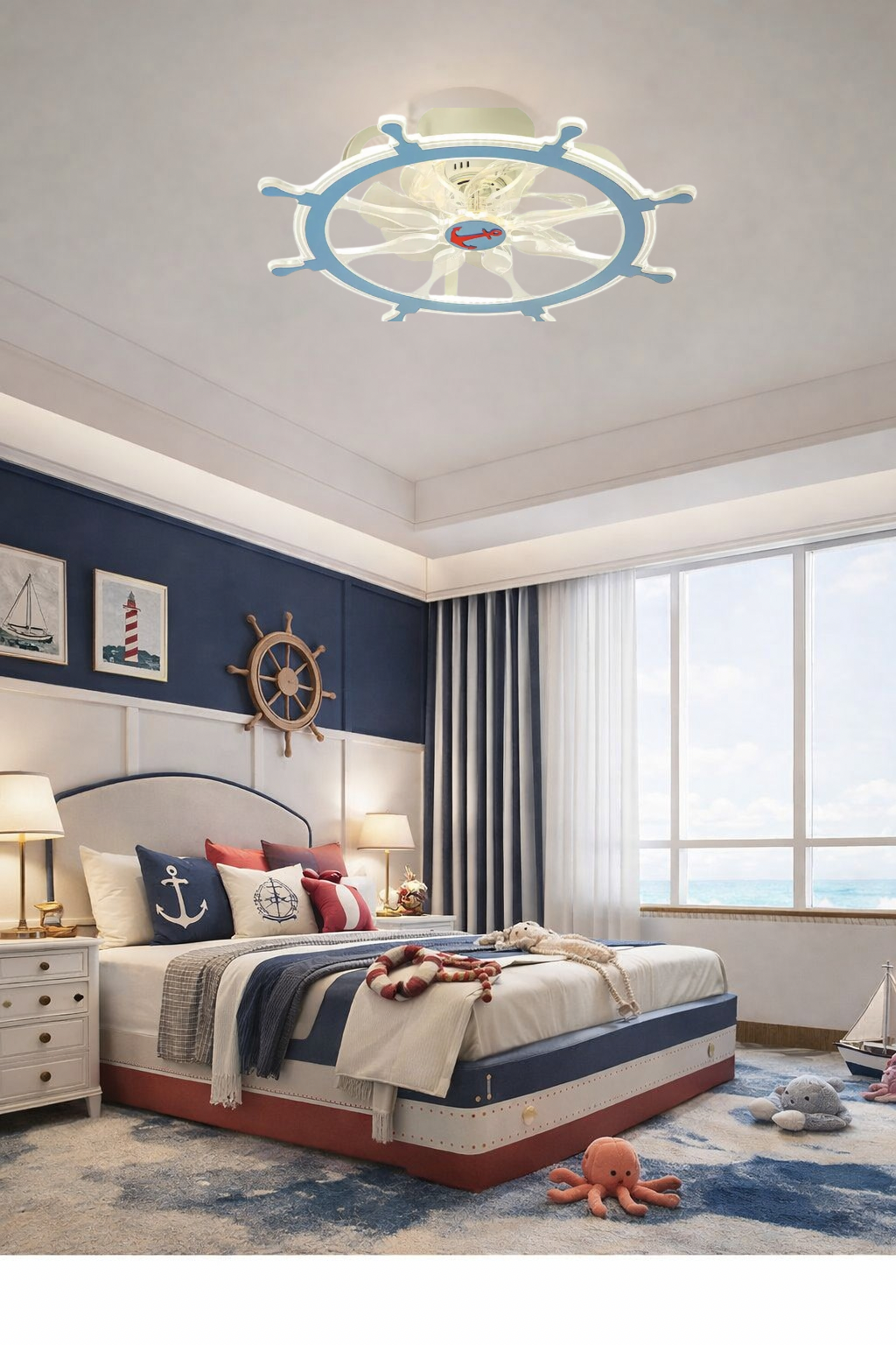 Ventilador de Teto com Luminária – Design Náutico em Formato de Leme