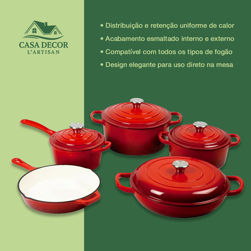 Conjunto de Panelas de Ferro Fundido Esmaltado Vermelho