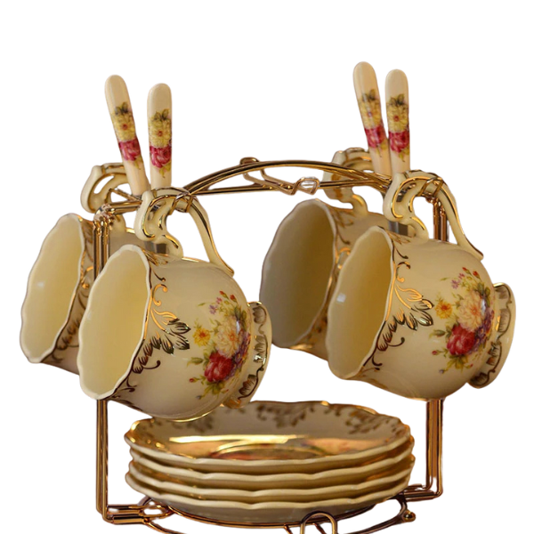 Conjunto de Xícaras de Porcelana Floral com Suporte Dourado