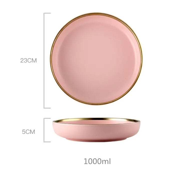 Louças em Porcelana Rosa com Borda Dourada