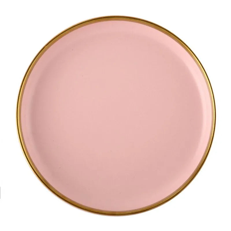 Louças em Porcelana Rosa com Borda Dourada