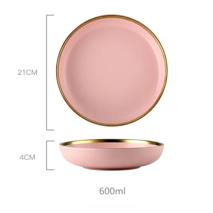Louças em Porcelana Rosa com Borda Dourada
