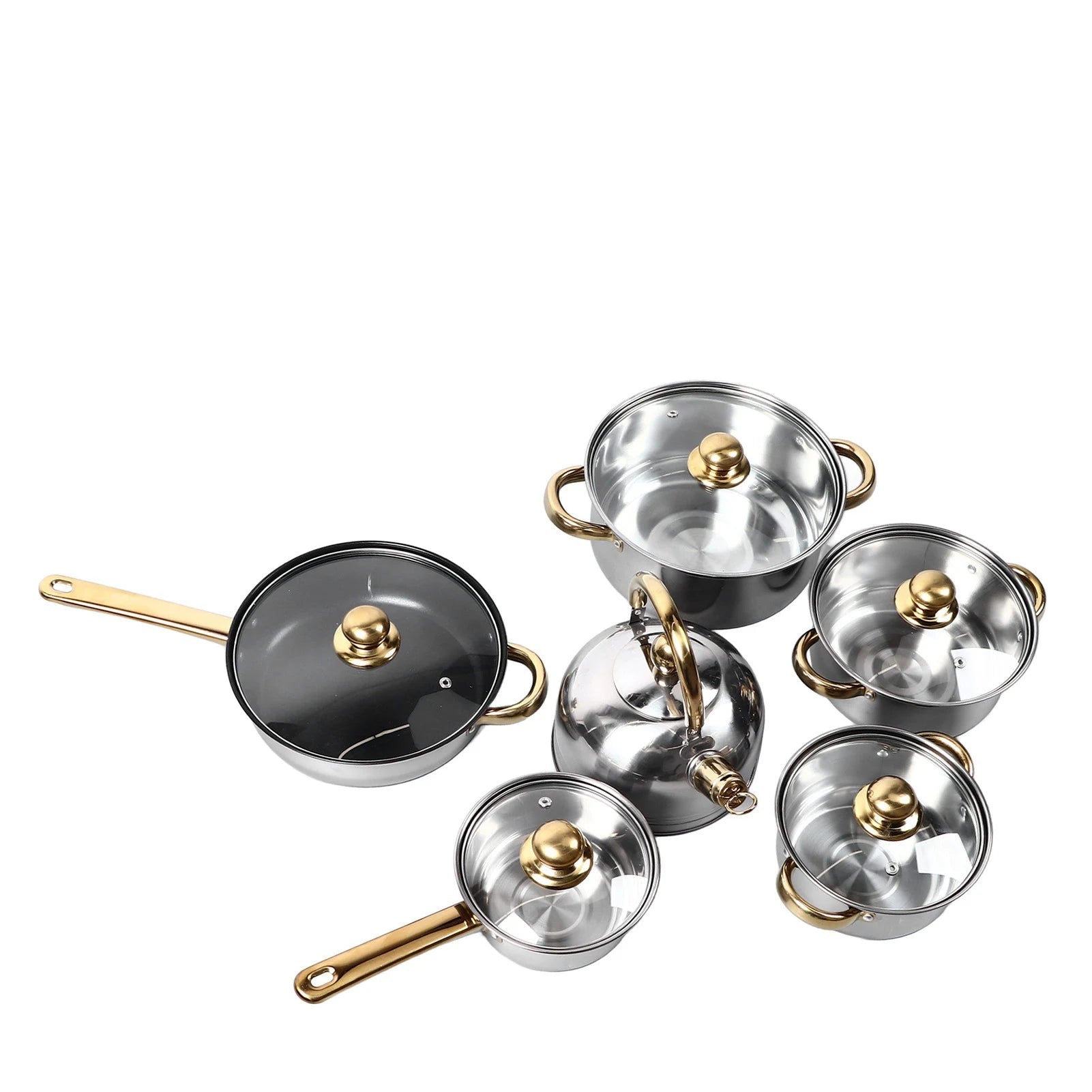 Conjunto de Panelas em Aço Inox com Alças Douradas