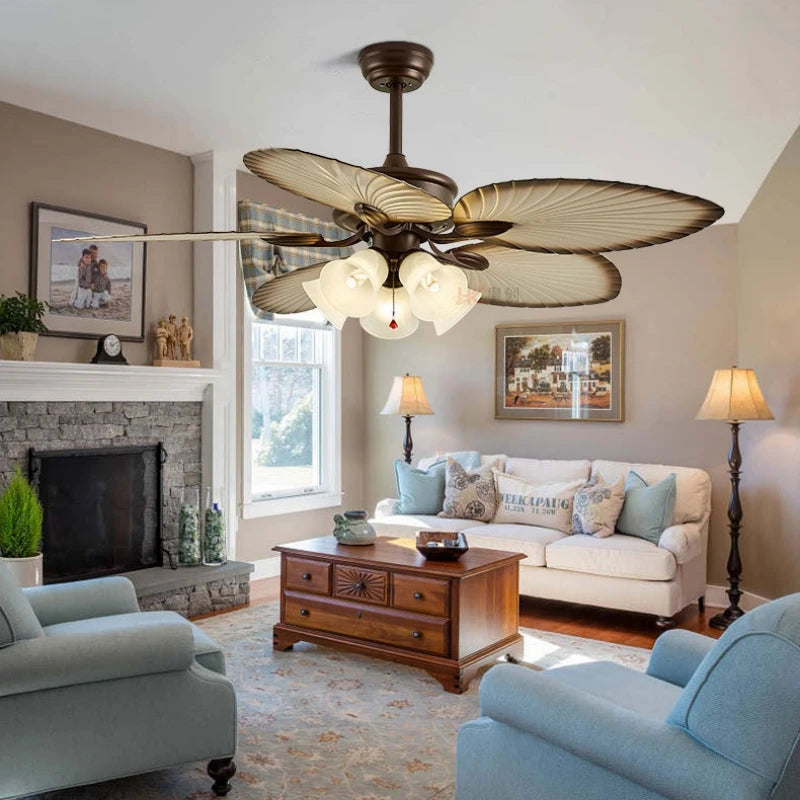 Ventilador de Teto Retrô com Pás de Madeira e Luminária Integrada