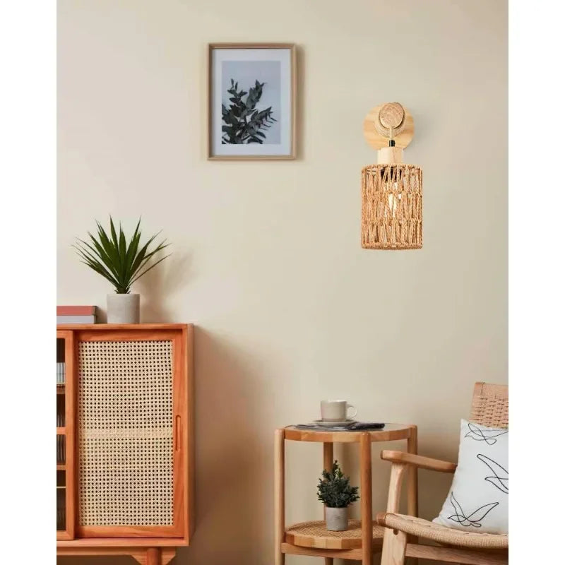 Arandela Cilíndrica com Design em Corda de Cânhamo Estilo Boho Chic / Farmhouse